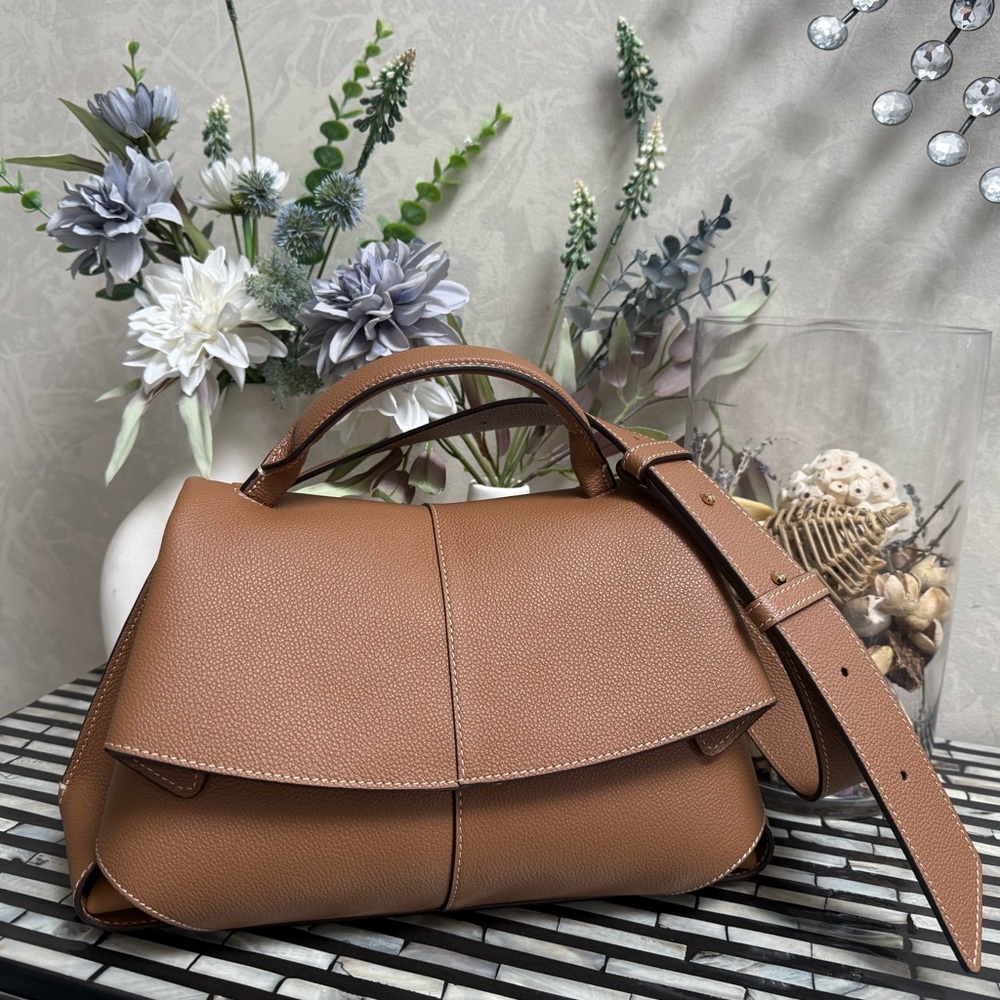 Polene Cognac Leather Shoulder Bag with Top Handle
